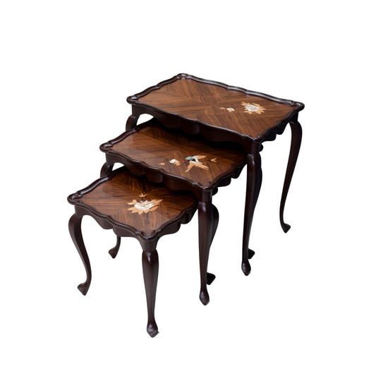 Elegant Wooden Nesting Tables with Mother of Pearl Inlay