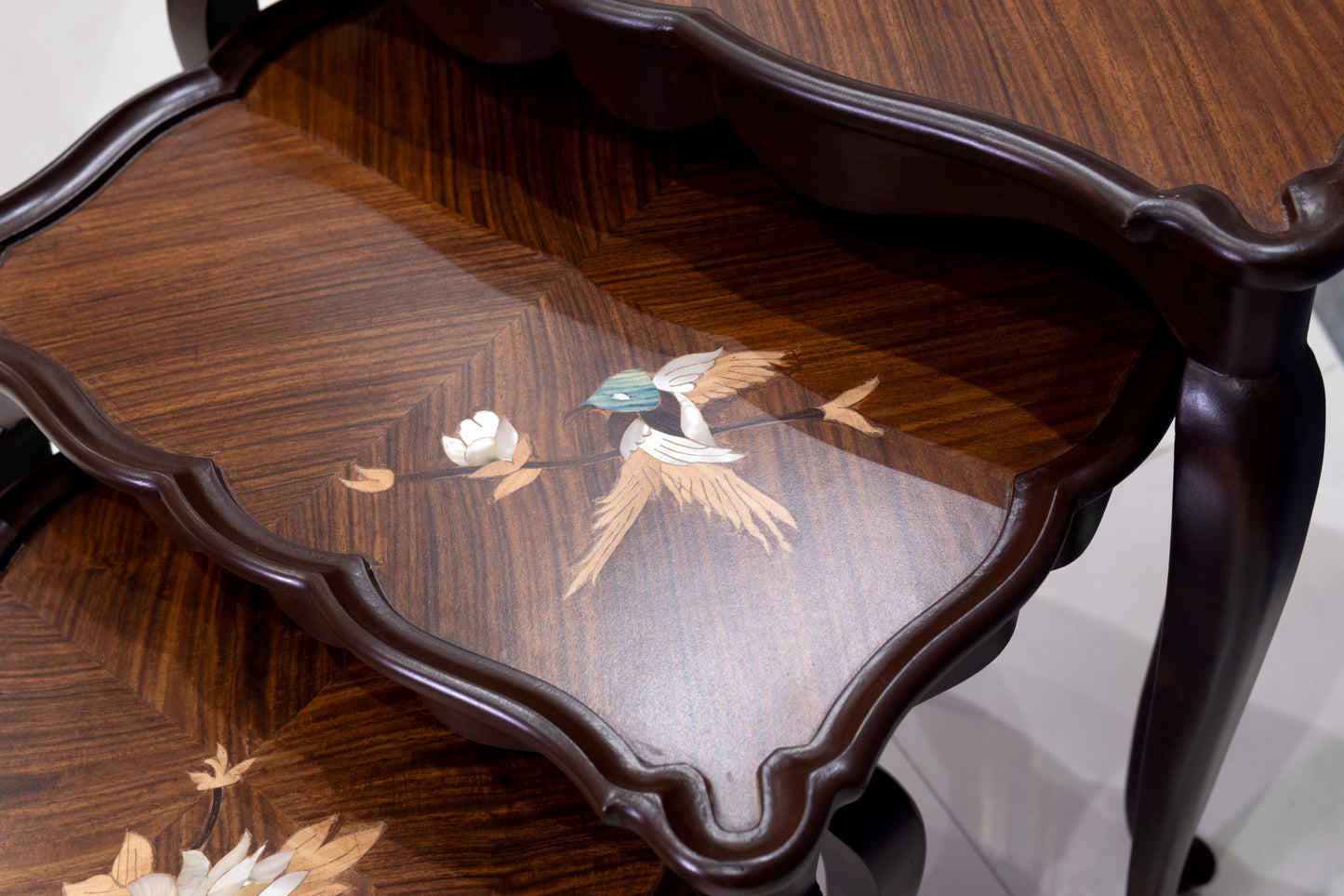 Elegant Wooden Nesting Tables with Mother of Pearl Inlay