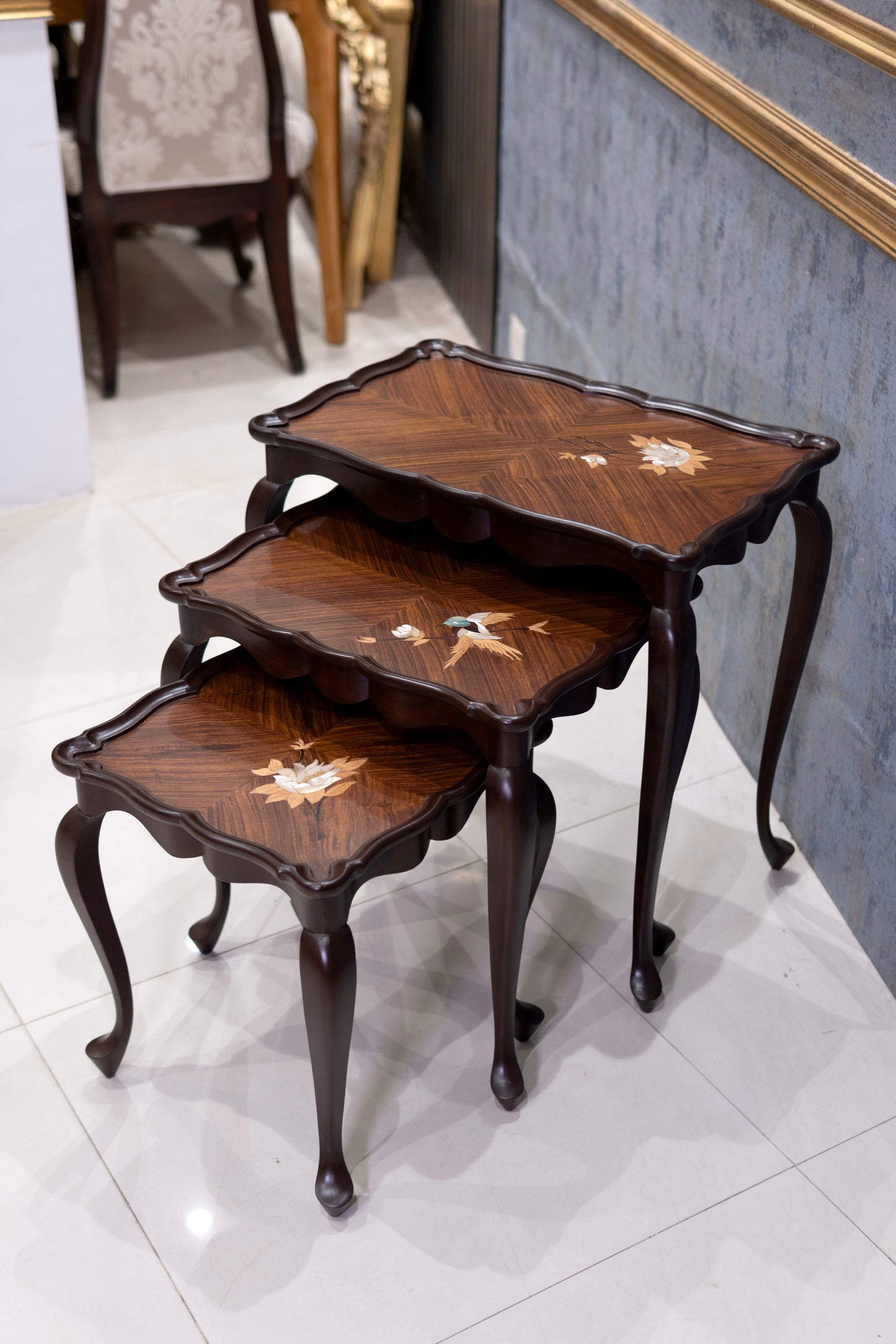 Elegant Wooden Nesting Tables with Mother of Pearl Inlay